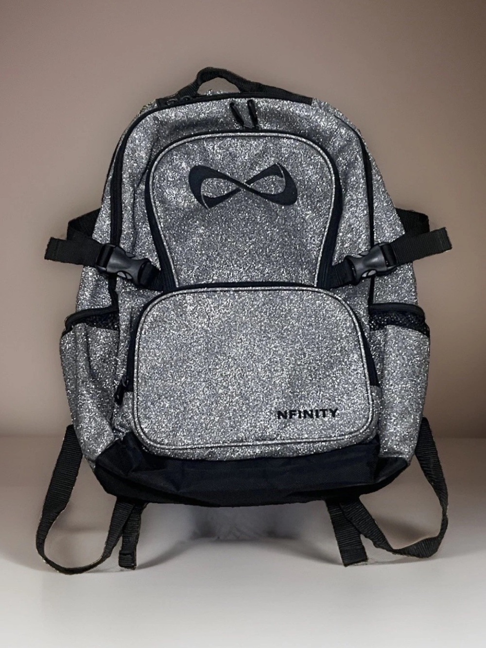 NFINITY Silver Glitter Cheer Backpack with Black Accents